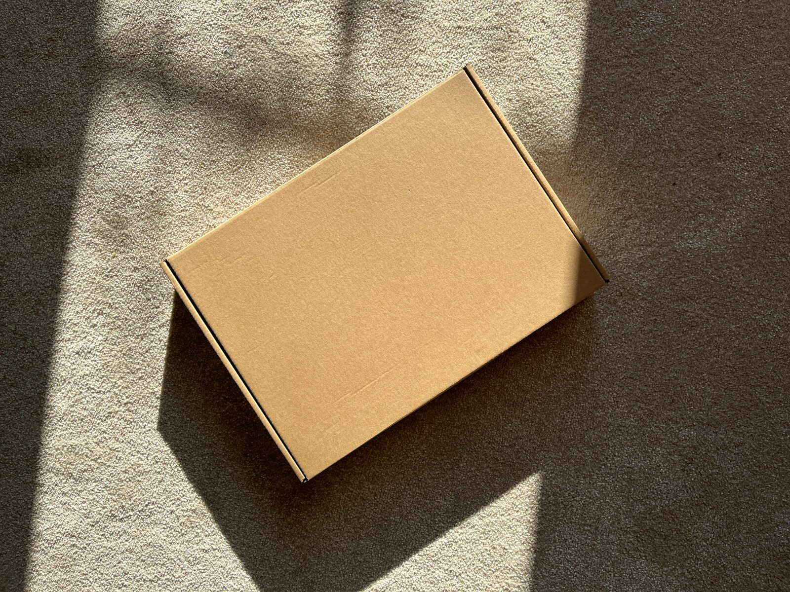 A cardboard box sits on a textured surface.